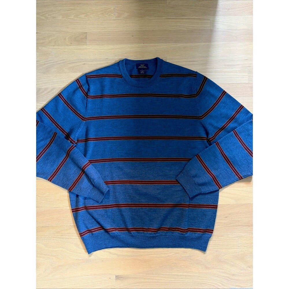 Brooks Brothers Mens Extra Fine Merino Wool Blue Burgundy Striped Sweater size L